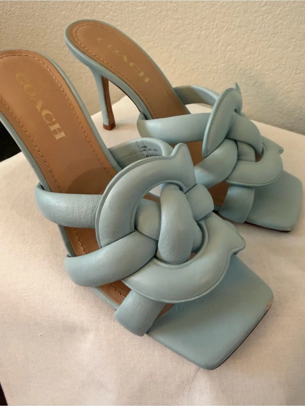 Coach Light Blue Knotted Leather Heeled Slide